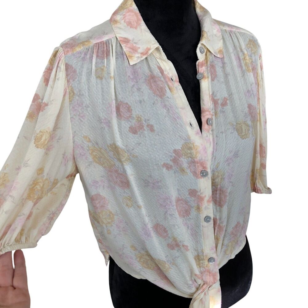 Free People Romantic Feminine 100% Rayon Boho Cottagecore Puff Sleeve Blouse S - Picture 7 of 14